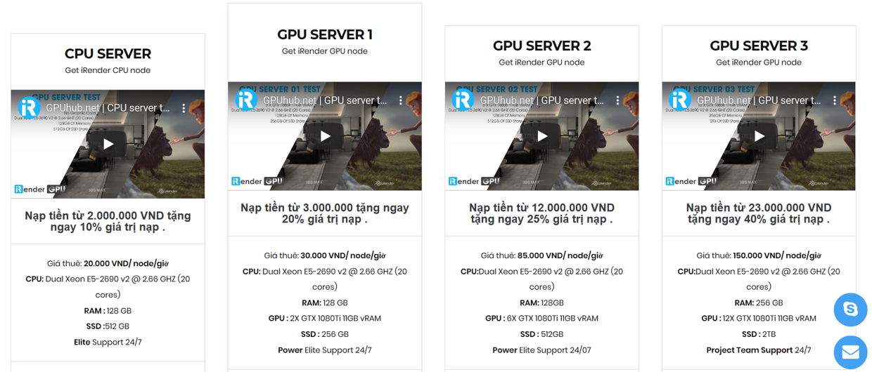 GPUHUB: đơn vị duy nhất tại Việt Nam cho thuê GPU server theo giờ,

tích hợp từ 2 đến 12 GPU GTX 1080Ti trên 1 giàn, khá phù hợp với các họa sĩ 3d.
(Ảnh chụp từ website)