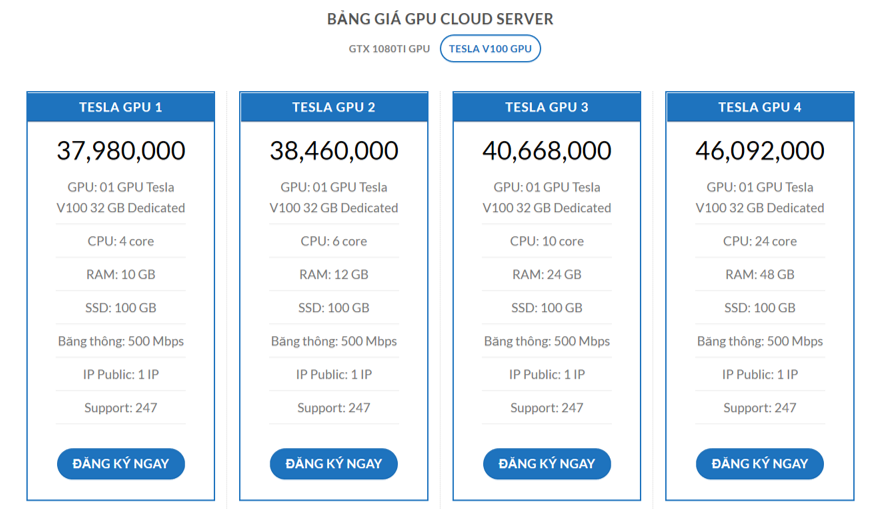 IDC VIET cũng cho thuê giàn GPU Tesla V100 khá khủng (ảnh chụp từ website)