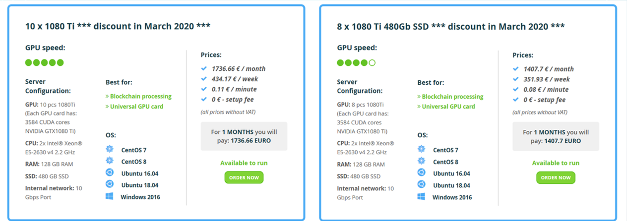 LEADERGPU: Giàn GPU 10 card GTX 1080Ti có giá thuê lên đến 1736.66€/tháng (khoảng 45 triệu đồng/tháng), trong khi đó giàn 8 card GTX 1080Ti 1407.7€ (khoảng 35 triệu đồng/tháng)
www.leadergpu.com