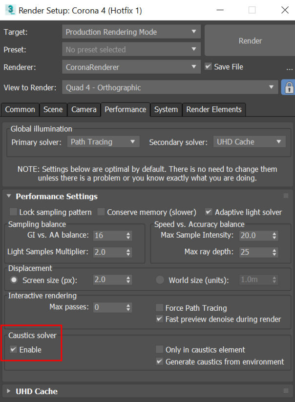 Thiết lập trong khâu kết xuất (render) trong một cảnh của Recent Spaces