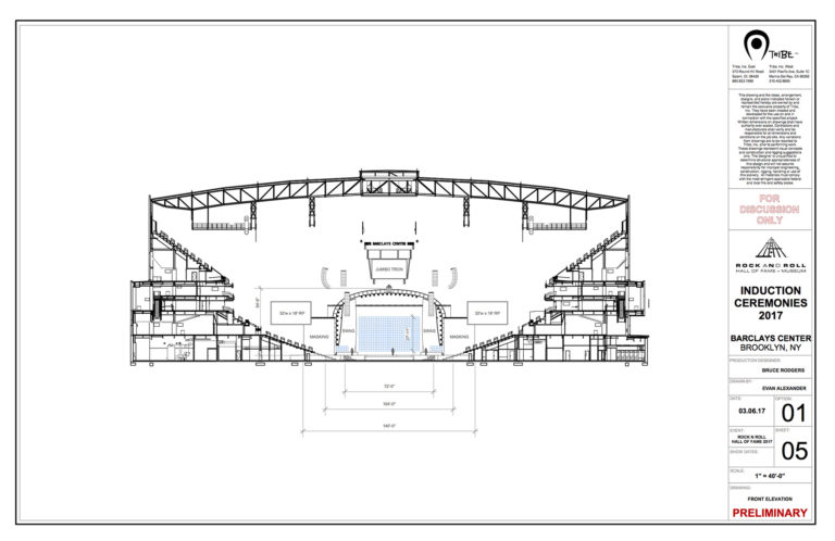 Tấm cao độ phía trước: Lễ trao giải danh vọng Rock and Roll 2017. Đây là mô hình tương tự được sử dụng trong rendering. Nhà thiết kế sản xuất: Bruce Rodgers