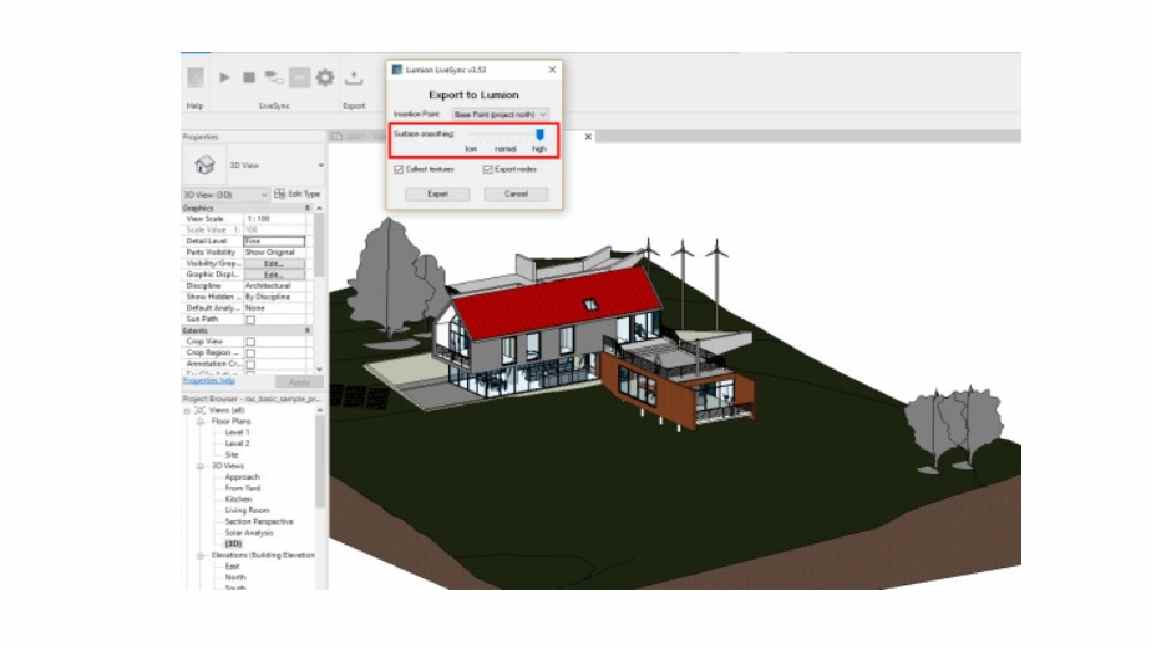 Tính năng “Xuất” và “Làm mịn bề mặt” của LiveSync cho phép bạn xác định lượng chi tiết trong mô hình đã xuất.
