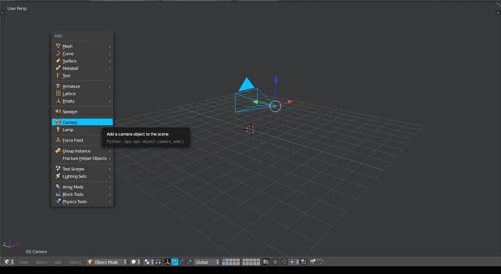 Đối tượng camera (giữa) và menu 'add thêm' (trái)
