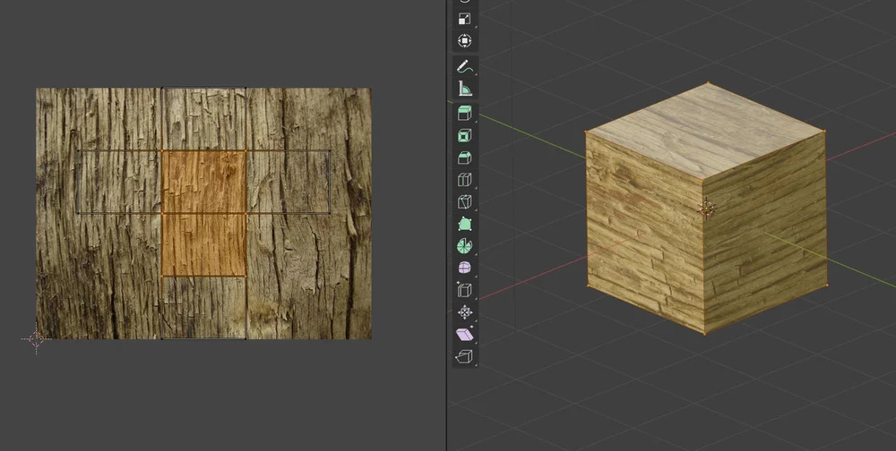 Một hình ảnh kết cấu bằng gỗ được áp dụng cho khối mặc định trong Blender