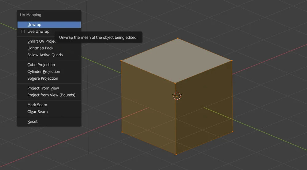 Mở menu unwrapping trong Blender