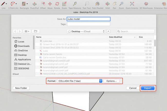 Cửa sổ Export từ SketchUp Pro. Đối với kiểm soát nhiều hơn các tập tin xuất, nhấp vào nút Options bên cạnh danh sách thả xuống