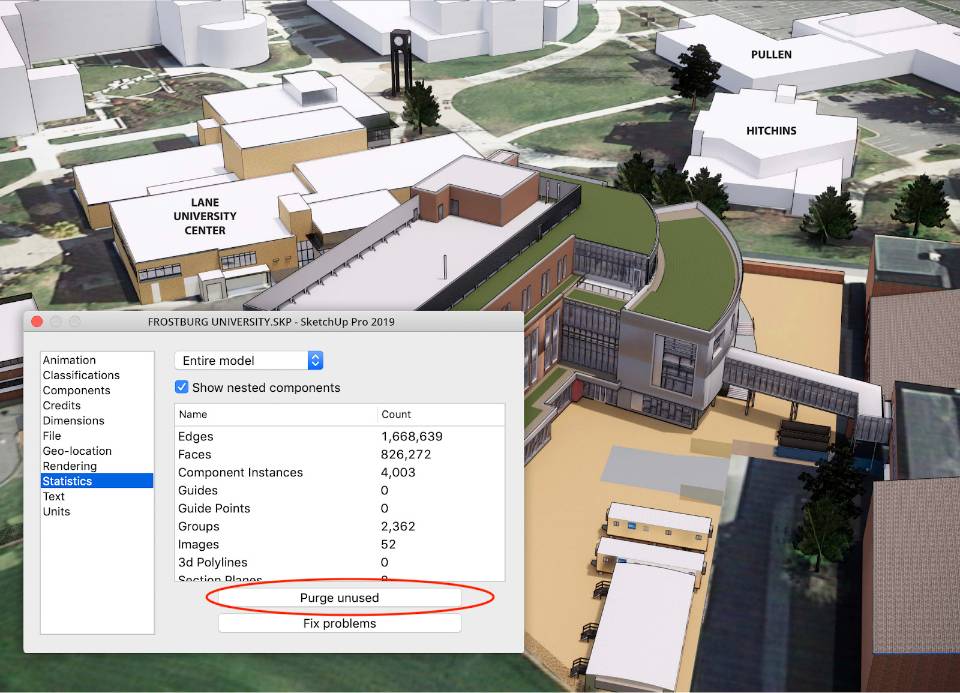 Purge unused geometry làm nhẹ mô hình. Mô hình của Barton Malow