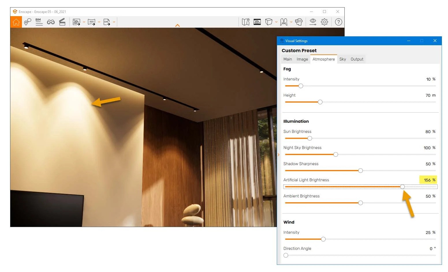 Increasing the overall artificial light brightness setting 