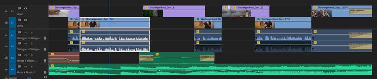 Premiere divides audio and video into separate tracks.