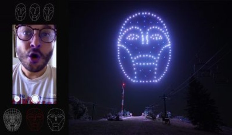 Tại đây, 200 máy bay không người lái đang trình diễn dữ liệu chụp khuôn mặt. Hình ảnh từ "Trên cao - Hậu trường" qua YouTube