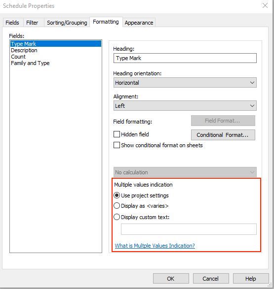 Tùy chỉnh giá trị tham số trong mục Additional Settings and Multiple Value Indication (Source: blog.bimsmith.com)