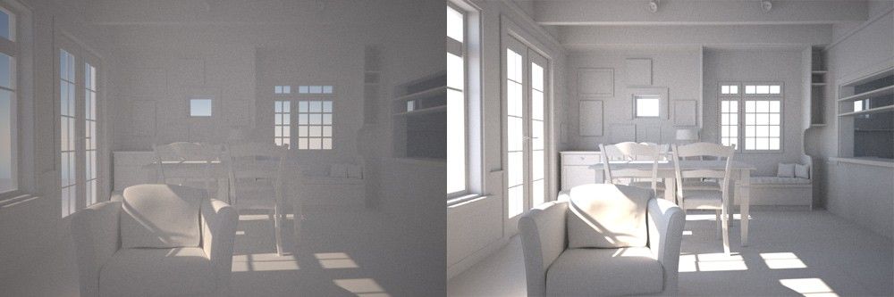 Trái: reflectance 0° cao bất thường ở 255 dẫn đến mất độ tương phản, đổ bóng không thực tế và nhiễu hơn một chút. Phải: reflectance 0° chính xác đặt ở 225. Nguồn: maxwellrender.com