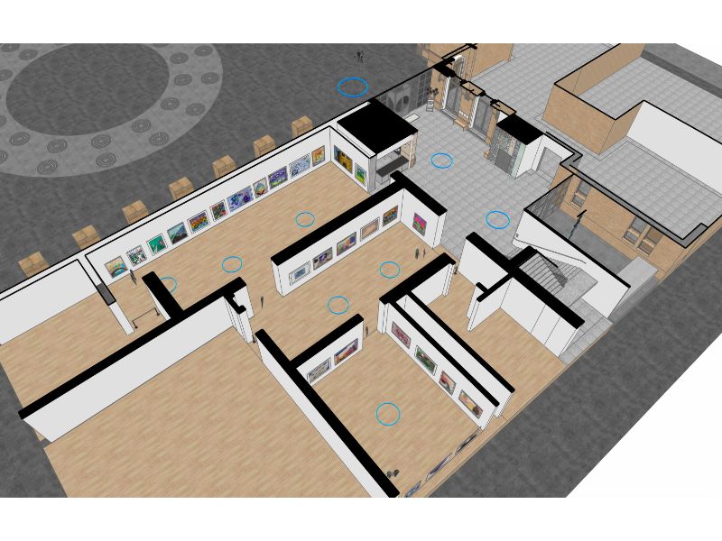 Nhìn vào bên trong các phòng trưng bày bằng mặt phẳng mặt cắt trong SketchUp. Các vòng tròn màu xanh lam đại diện cho nơi sẽ lấy chế độ xem toàn cảnh 360 độ.
