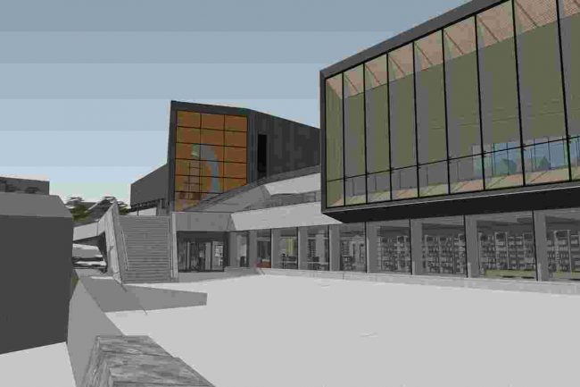 Một kết xuất của Đấu trường Ulstein vào lúc hoàng hôn được mô phỏng trong SketchUp.