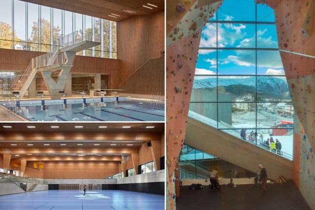 Nội thất tại Ulstein Arena cho thấy một khu vực leo núi, phòng thể thao và thư viện.