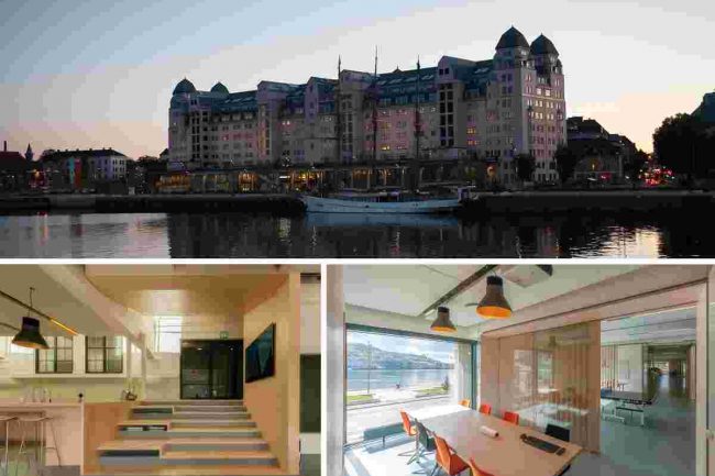 Tầm nhìn bên ngoài và bên trong của các văn phòng L + S trên bờ sông Oslo.