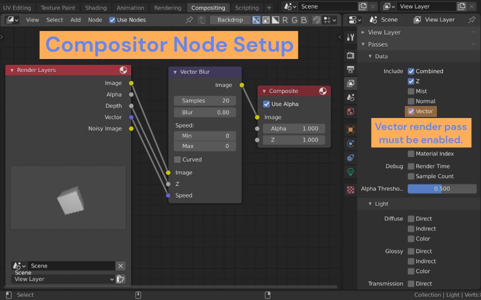 Set up Compositor node và vector pass phải được bật.