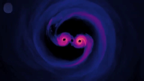 Simulation of two spiraling supermassive black holes about to merge. (NASA Goddard, 2018)