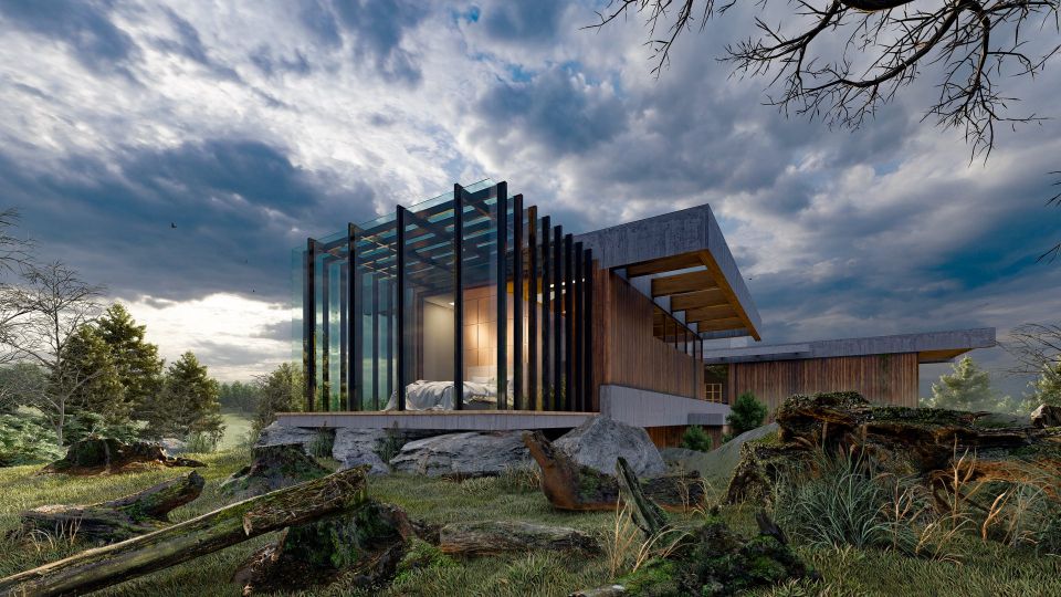 Trong kết xuất được thực hiện trong Lumion 9.5 này, bạn có thể thấy sự đa dạng của các đối tượng rừng và cây trụi lá đã cải thiện mood ngôi nhà này như thế nào.