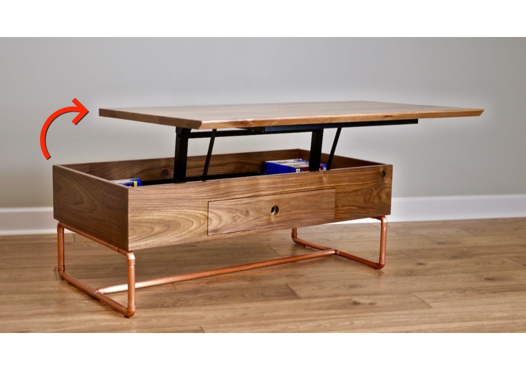 Bàn lift top của Johnny như trong SketchUp (hình trên cùng) và sau đó là ngoài đời thực (hình dưới).