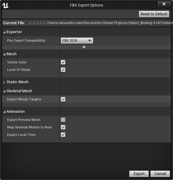 FBX Export Options window (Nguồn hình ảnh: docs.unrealengine.com)