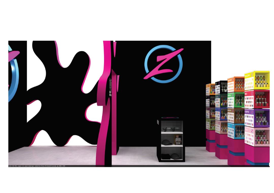 Sử dụng màu sắc đậm cho gian hàng Intenze do Kennedy và Watkins thiết kế.