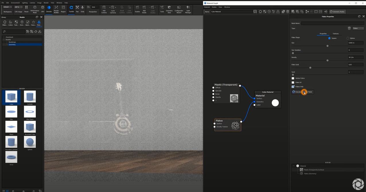 Bấm Execute Geometry Node (ở dưới cùng của phần Flake Properties) để xem các flakes trông như thế nào | Nguồn: blog.keyshot.com