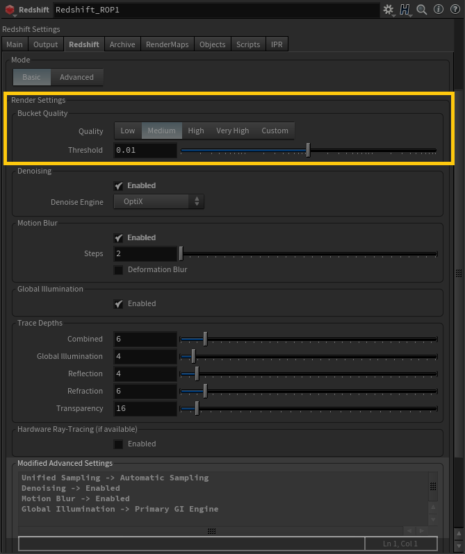 Giao diện cài đặt Bucket Quality (Nguồn: redshift3d.com)