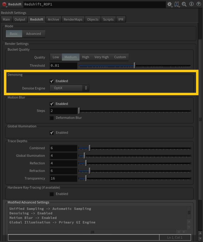 Giao diện cài đặt Denoising (Nguồn: redshift3d.com)