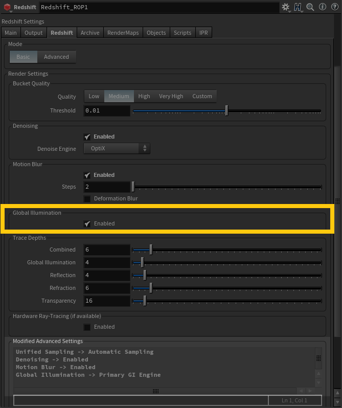Giao diện cài đặt Global Illumination (Nguồn: redshift3d.com)