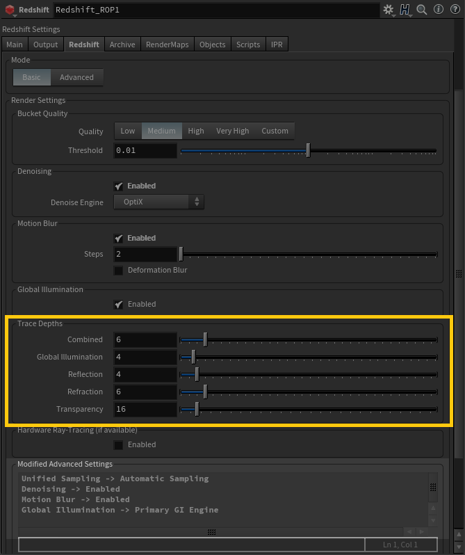 Giao diện cài đặt Trace Depths (Nguồn: redshift3d.com)