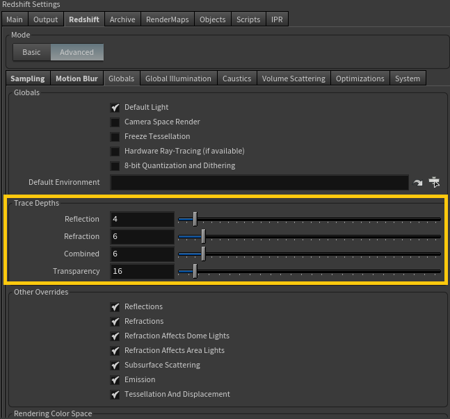 Giao diện mục cài đặt Trace Depth (Nguồn: redshift3d.com)