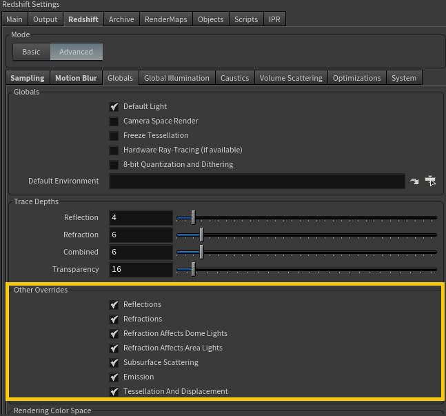 Giao diện mục cài đặt Other Overrides (Nguồn: redshift3d.com)