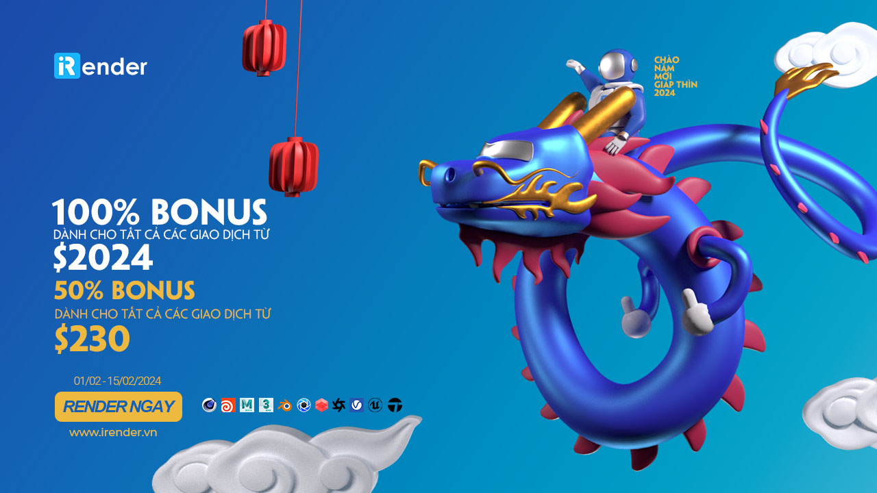 iRender chúc mừng năm mới 2024 - 100% Bonus