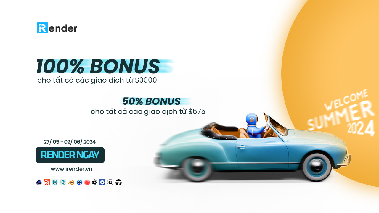 iRender bonus 100% cho tất cả các giao dịch từ 3000 USD