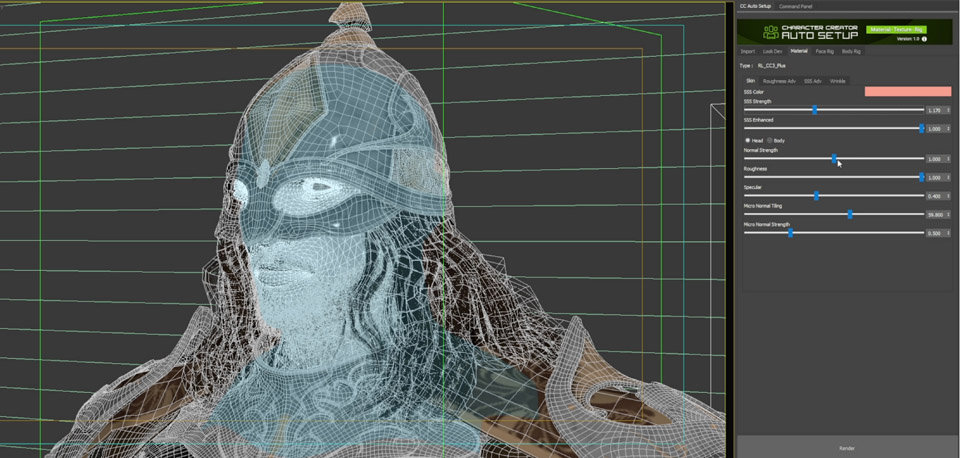 Plugin CC Auto Setup cung cấp nhiều preset ánh sáng để hỗ trợ quá trình hoàn thiện giao diện nhân vật. Các preset này tạo sẵn hệ thống đèn, camera và phông nền, đi kèm một đối tượng trợ giúp để dễ dàng điều chỉnh ánh sáng. Người dùng có thể thử nghiệm nhiều thiết lập khác nhau để đạt được phong cách mong muốn. Việc chỉnh sửa vật liệu có thể được thực hiện trực tiếp trong giao diện plugin, cho phép tinh chỉnh các thông số như cường độ tán xạ dưới bề mặt (subsurface scattering) mà không cần truy cập vào Material Editor của 3ds Max 7