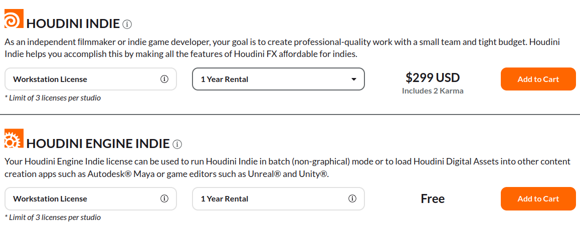 Giải thích các loại giấy phép Houdini cho Render Farm: Apprentice, Indie, Core, FX và Engine 5